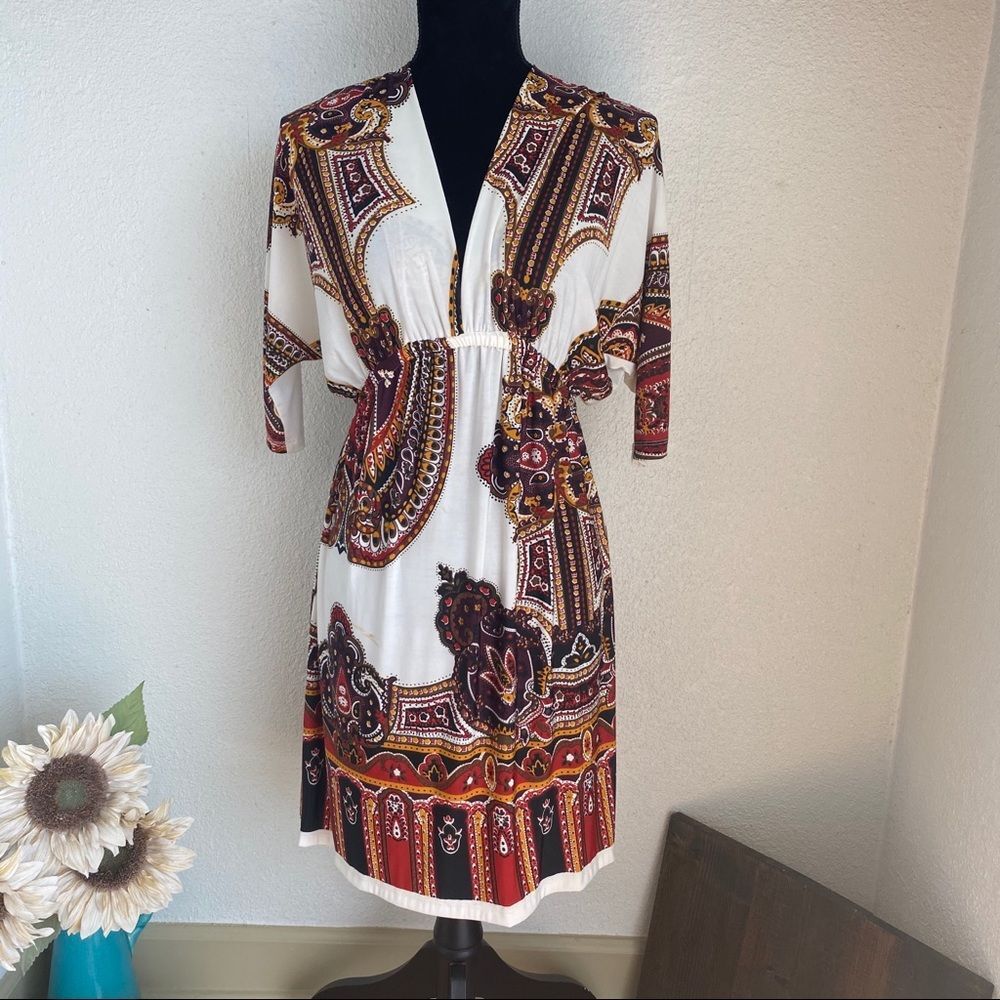 Bohemian V-Neck Dress - White & Multicolor